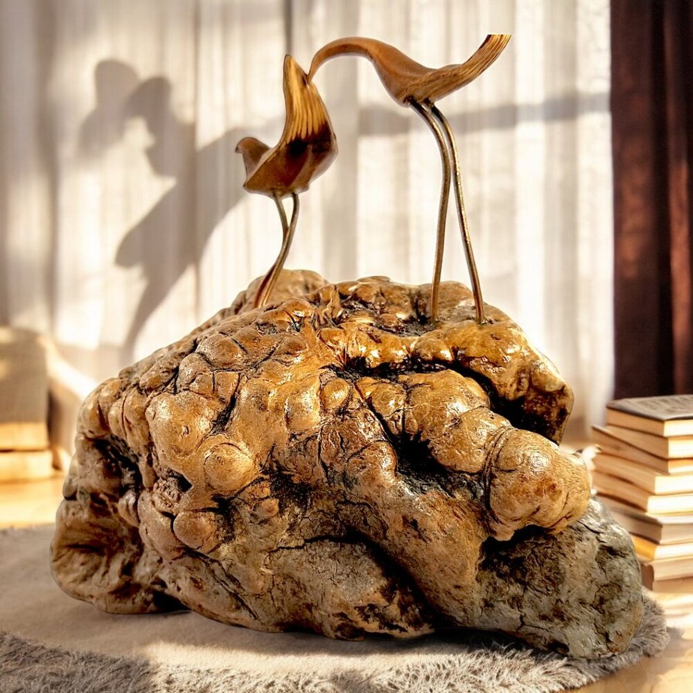 Burled Knob Driftwood Sculpture  3-Cranes Birds on Copper Legs 1950 MCM Folk Art - Picture 11 of 16